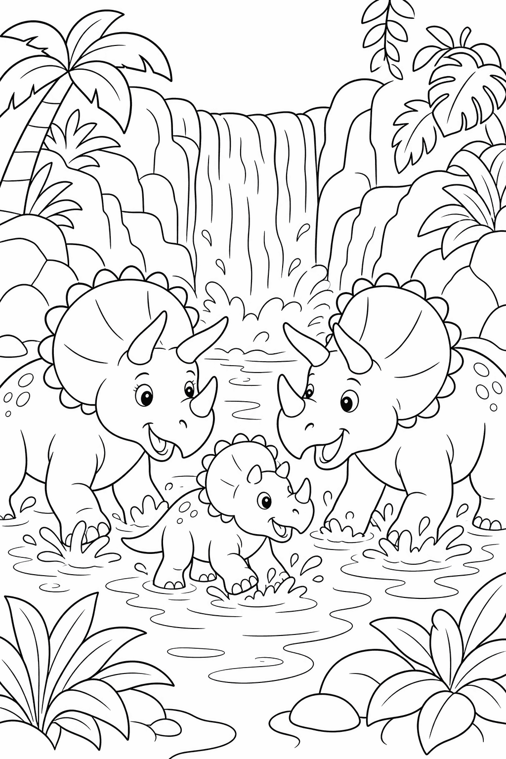 Triceratops Waterfall — free printable dinosaur coloring page