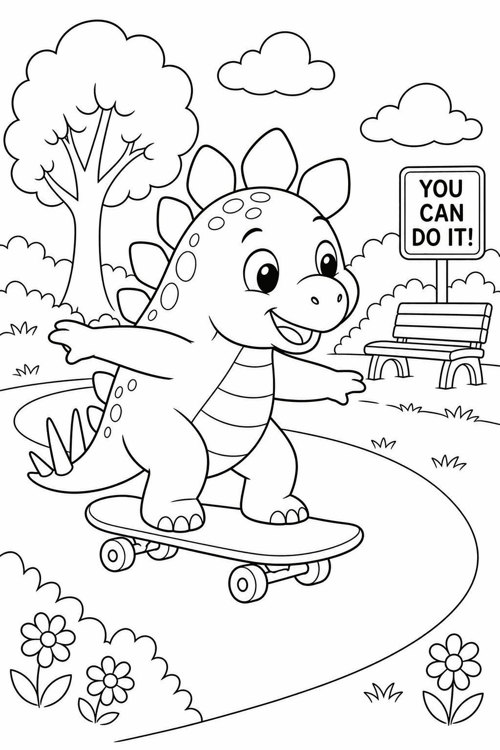 Stegosaurus Skateboard — free printable dinosaur coloring page