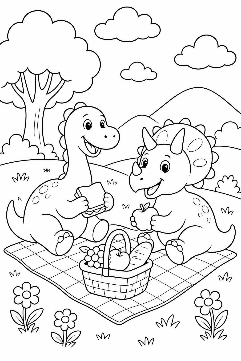 Dino Picnic — free printable dinosaur coloring page