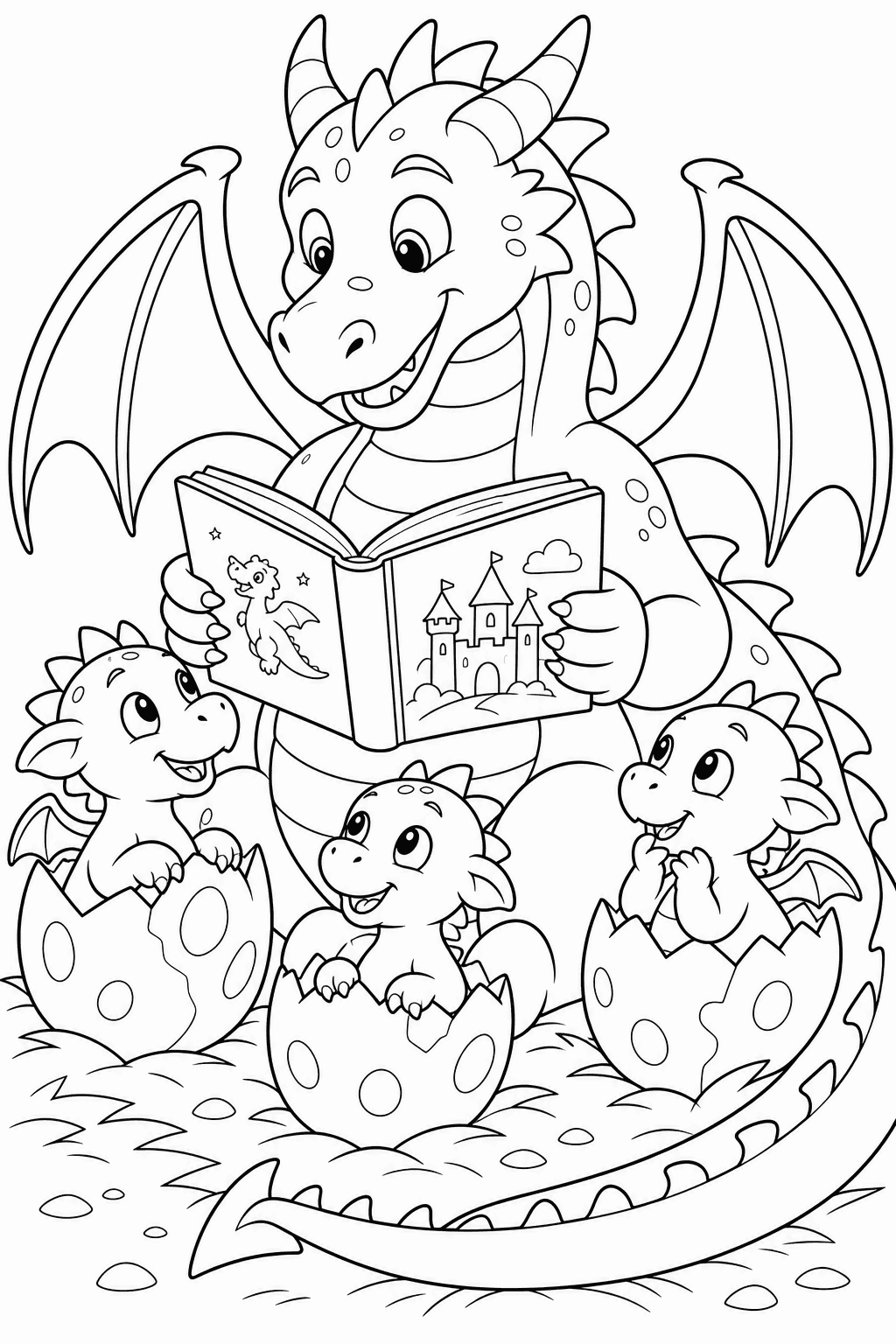 Bedtime Stories — free printable dragon coloring page