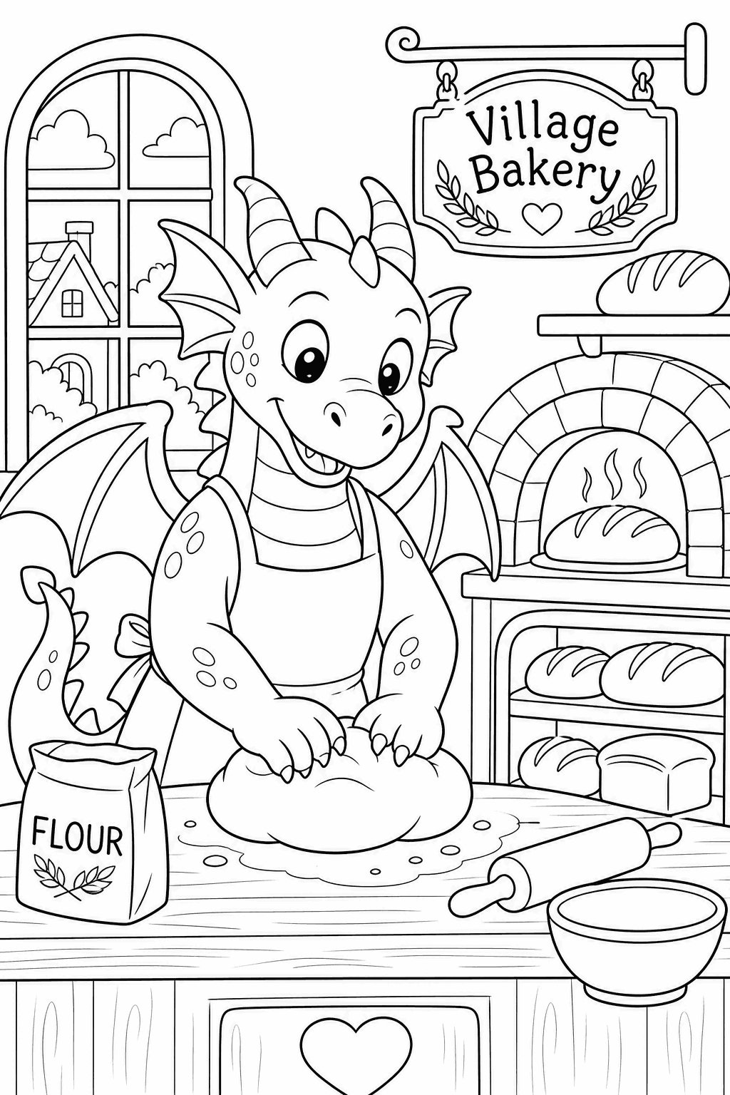 Village Bakery — free printable dragon coloring page