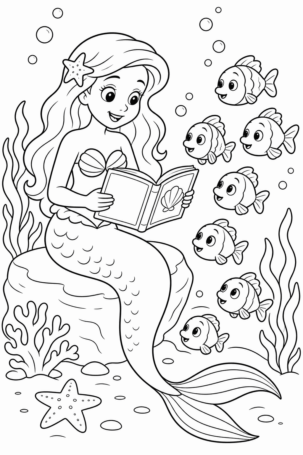 Mermaid Storytime — free printable ocean coloring page