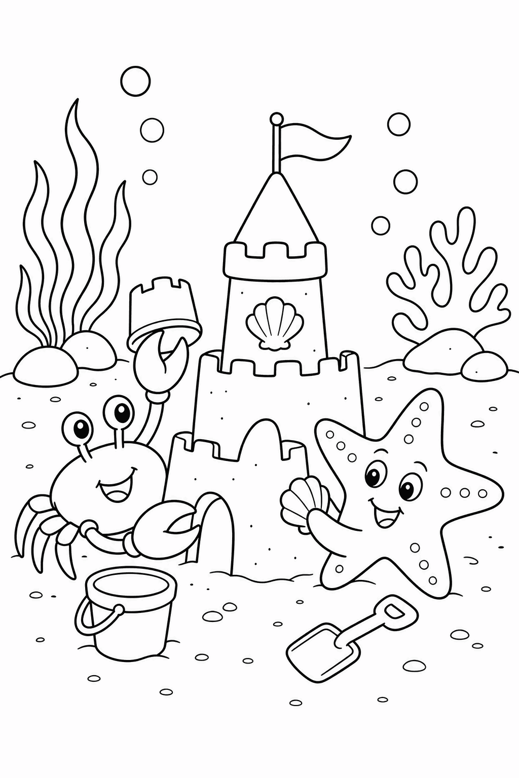Sandcastle Crew — free printable ocean coloring page