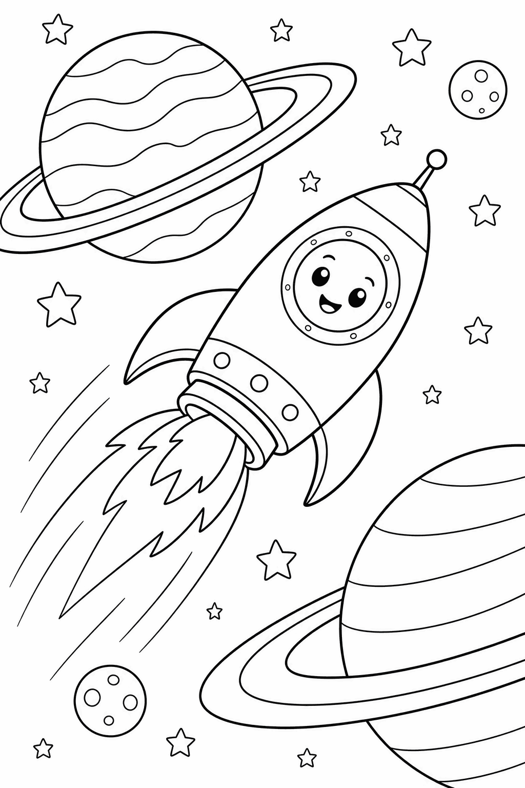 Rocket Flyby — free printable space coloring page