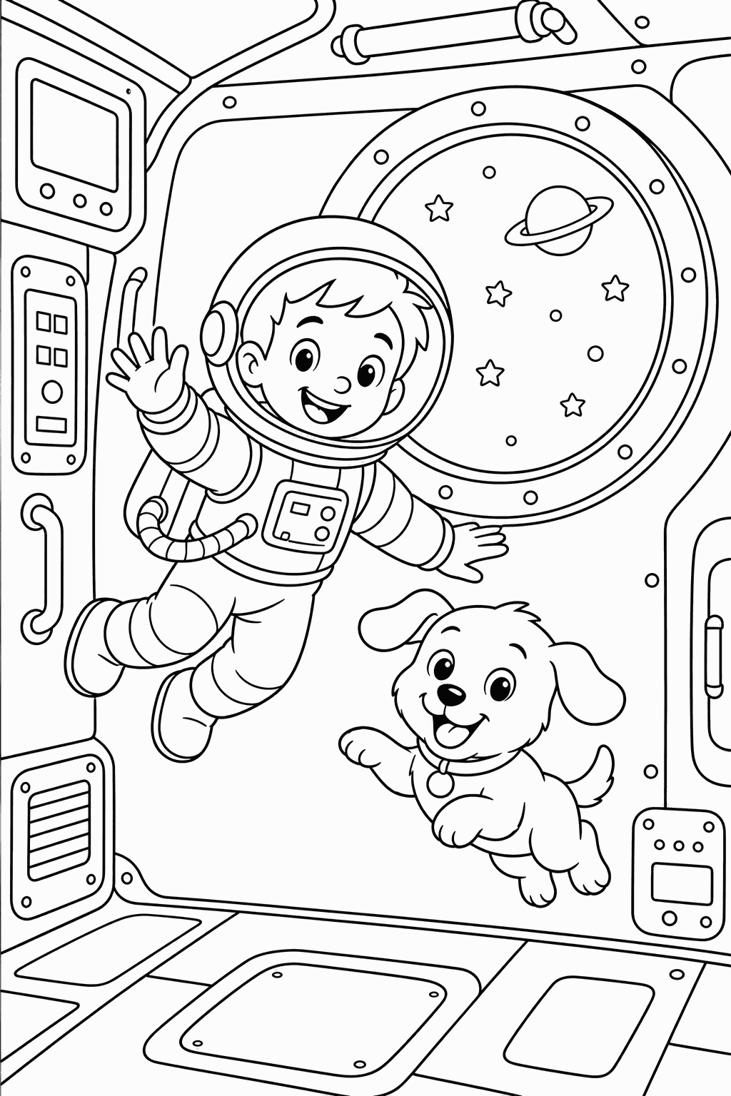 Space Station Pup — free printable space coloring page