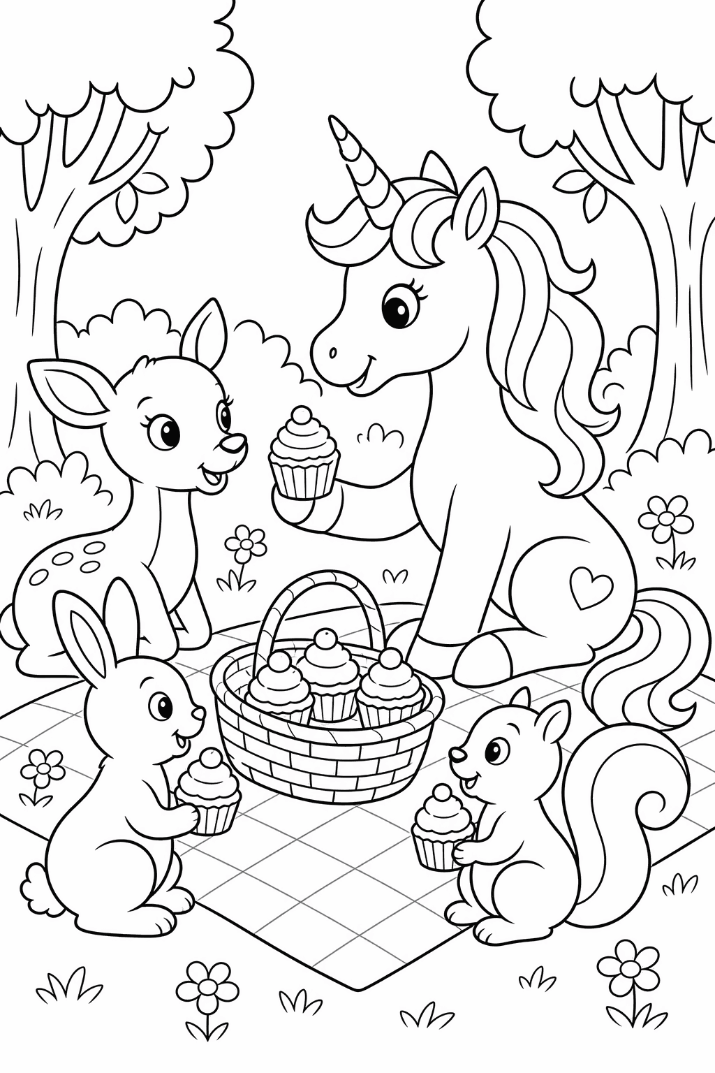 Cupcake Picnic — free printable unicorn coloring page