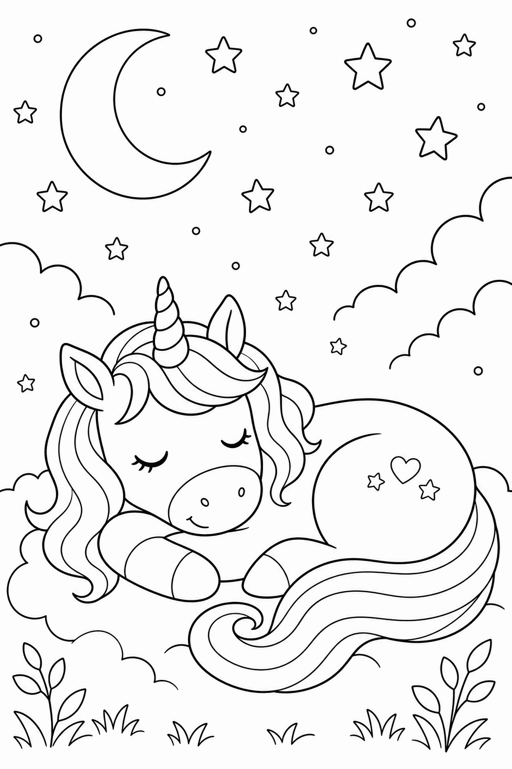 Starry Night Nap — free printable unicorn coloring page