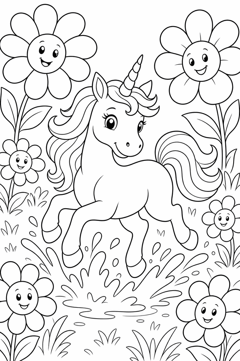 Meadow of Flowers — free printable unicorn coloring page