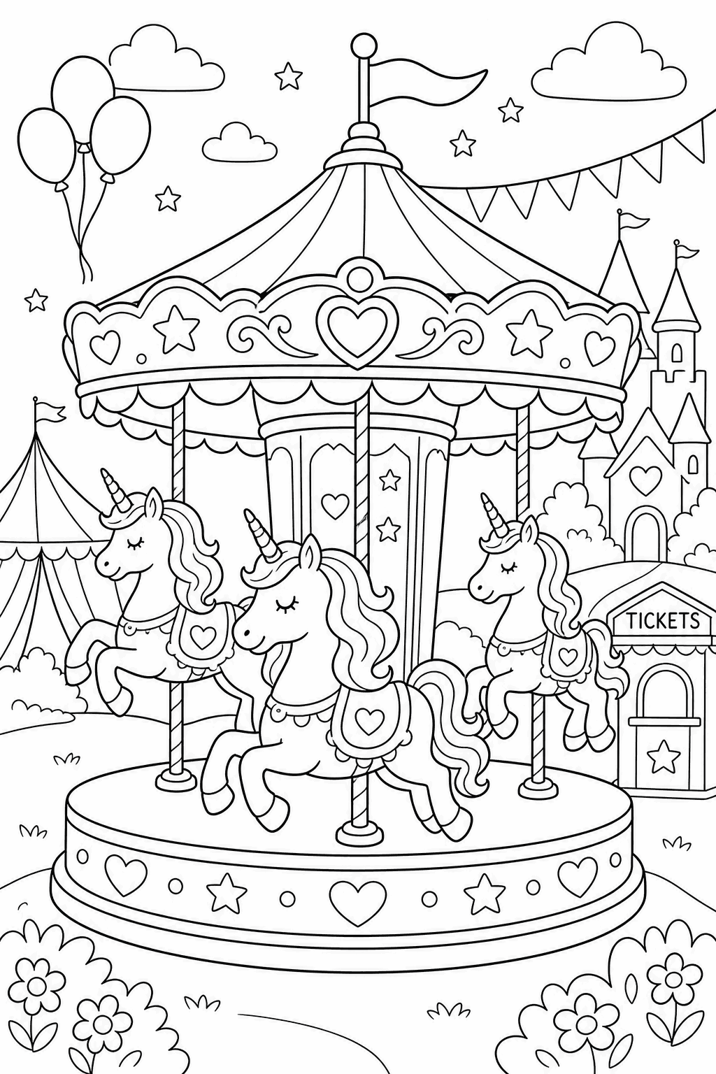 Magical Carousel — free printable unicorn coloring page