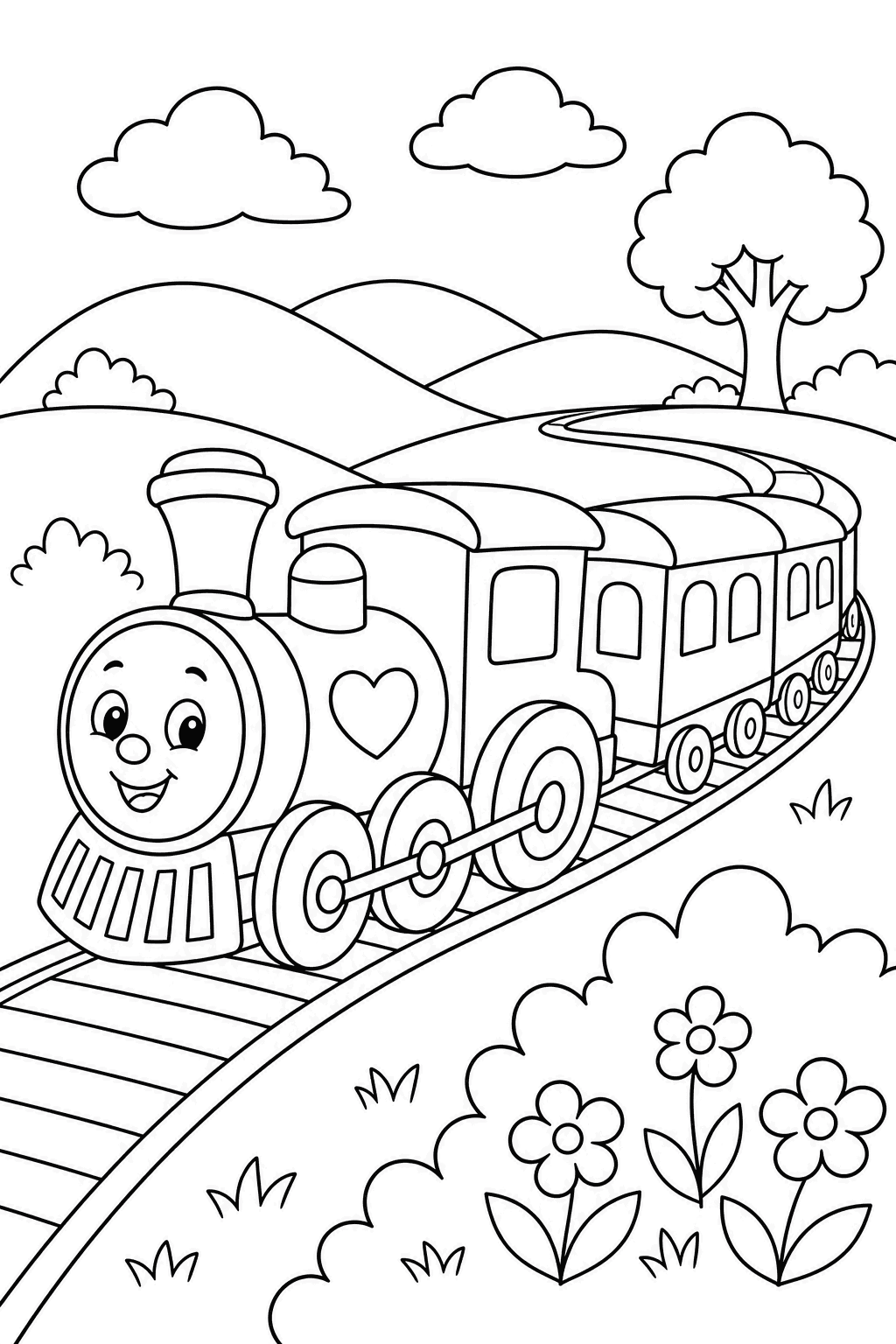 Choo-Choo Hills — free printable cars and trucks coloring page