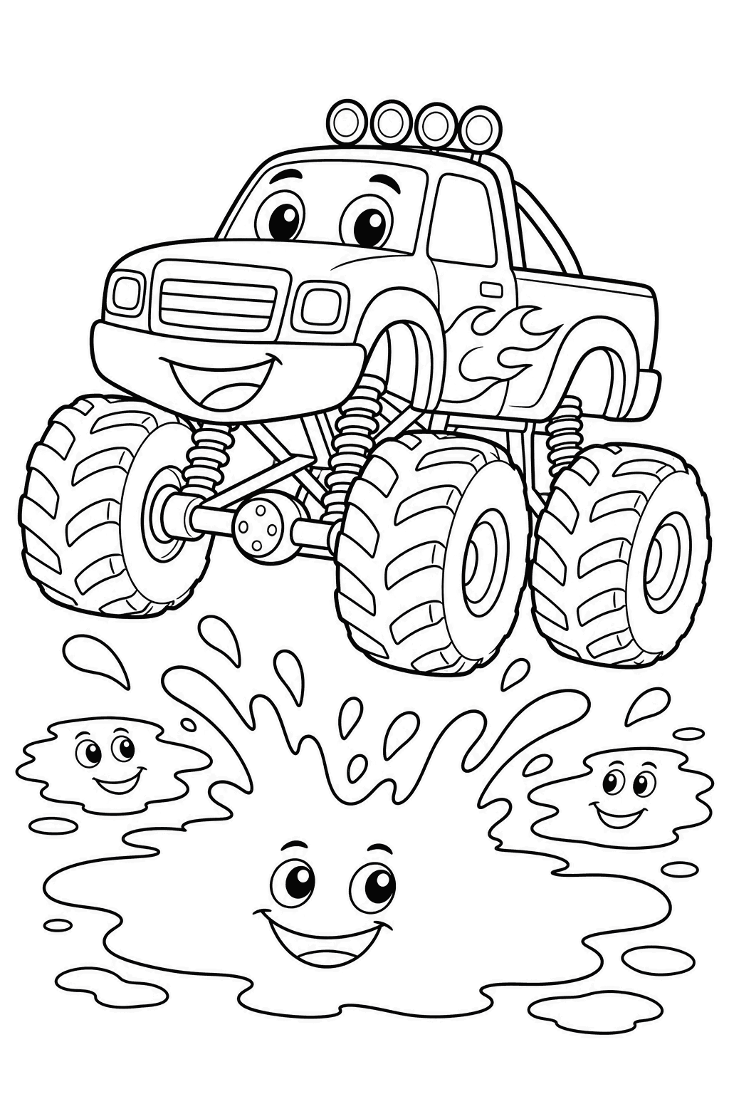 Mud Puddle Hop — free printable cars and trucks coloring page