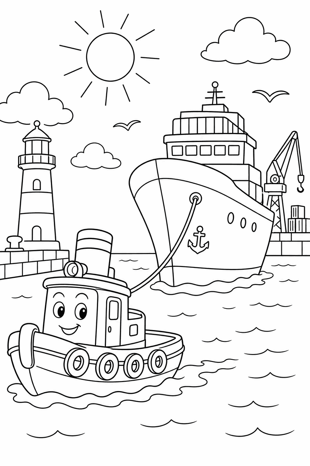 Harbor Tugboat — free printable cars and trucks coloring page