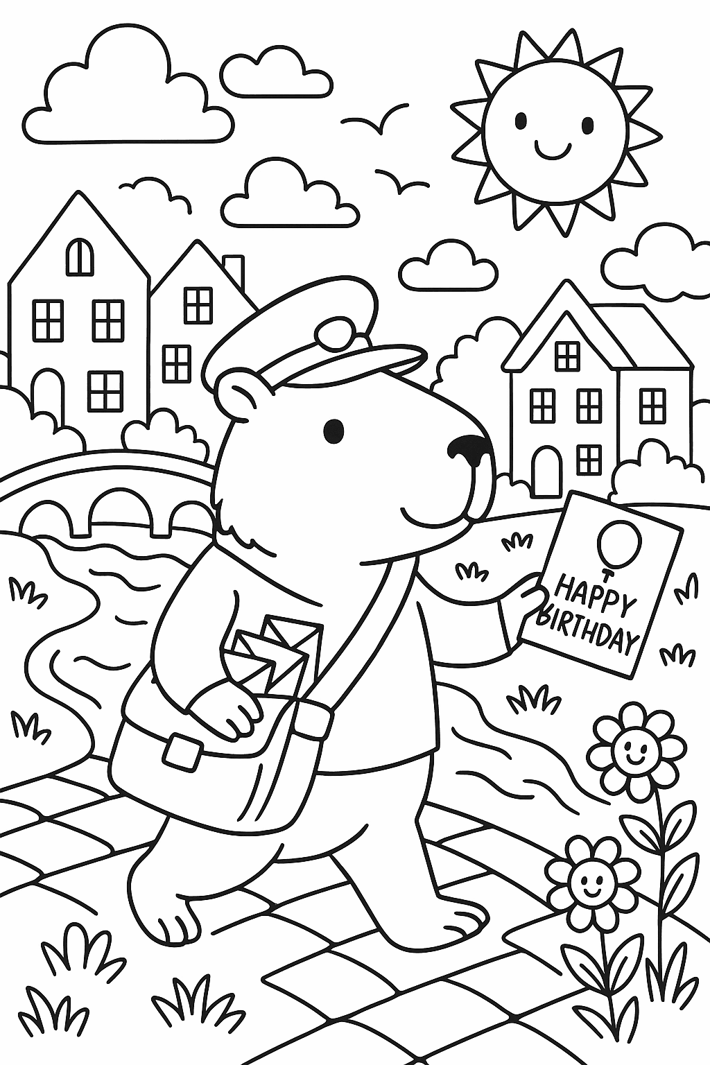 Coloring page line art of a capybara postal carrier delivering birthday cards along a cheerful riverside town