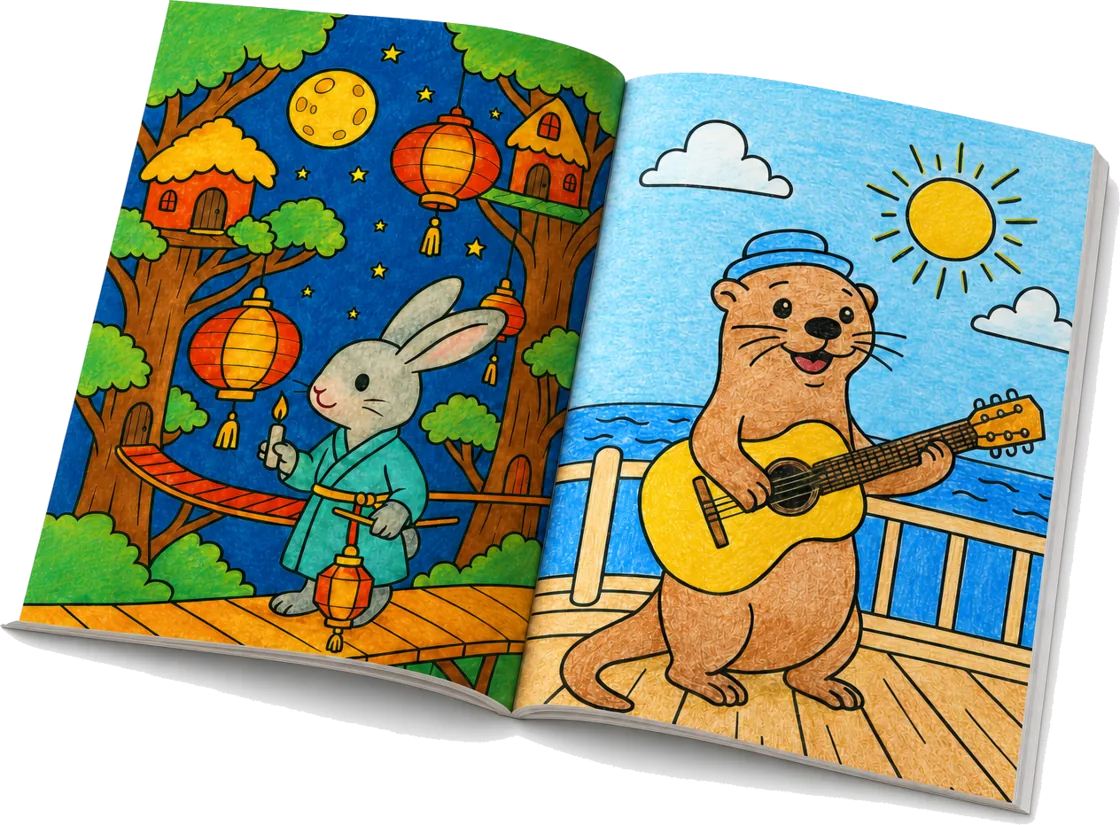 An open CrayonBloom printed coloring book, two finished pages colored in with crayons: a rabbit lighting paper lanterns at a moonlit treetop festival, and an otter playing guitar on a sunny seaside boardwalk.